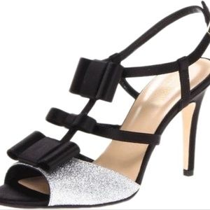 Kate Spade Ivy Black Satin Silver Glitter Slingback Sandals - Size 6